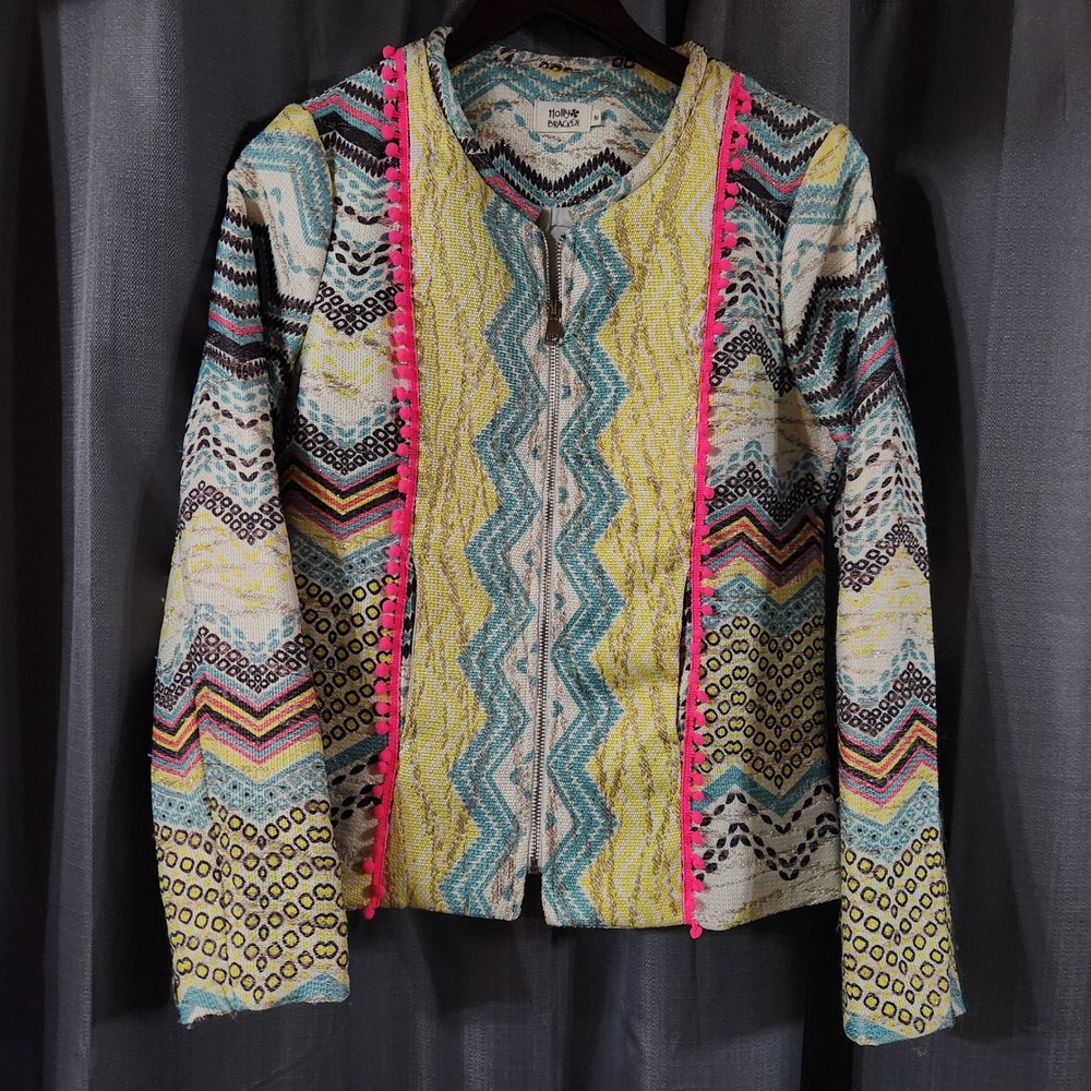 Molly Bracken Women Multi Color Geometric Pom Pom Trim Zip Front Jacket Size M